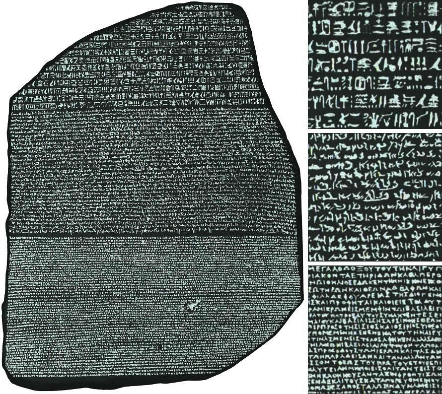 Розеттский камень и образцы иероглифической, демотической и греческой надписи